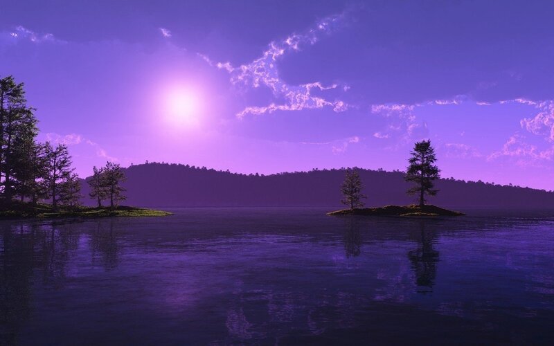 Purple Sunset over Lake — Serene, Digital Art, Trees