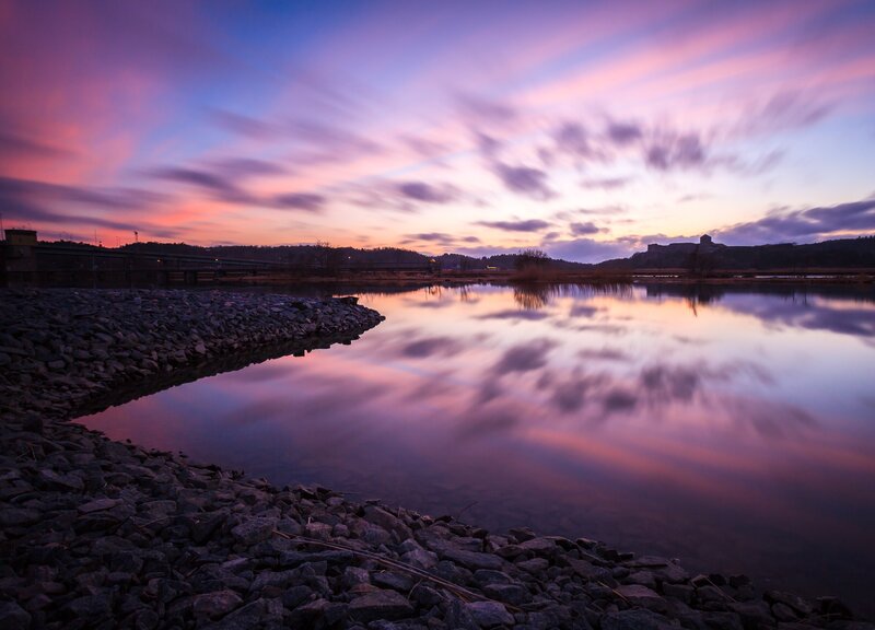 Purple Sunset over Lake — Serene, Photograph, Clouds, Rocks