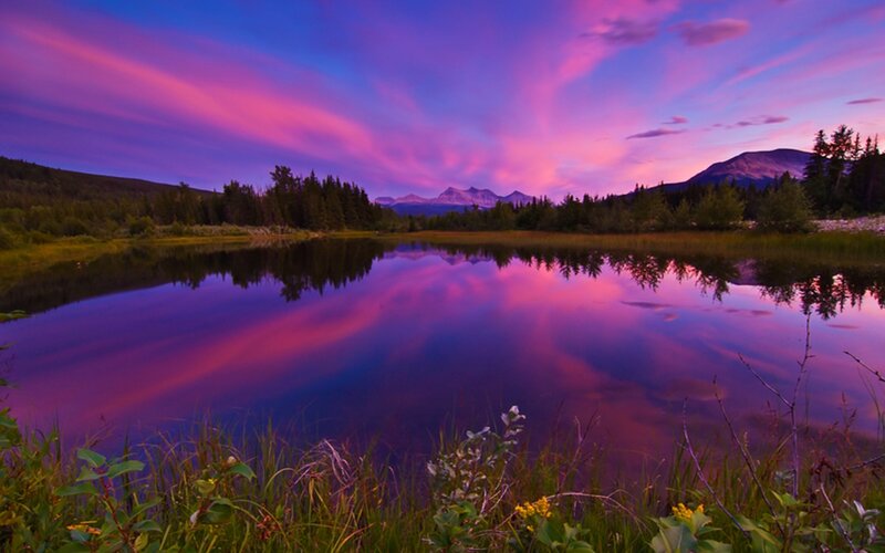 Purple Sunset over Lake — Serene, Photograph, Mountains, Trees, Sky