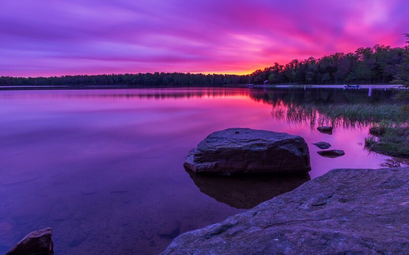 Purple Sunset over Lake — Serene, Photograph, Rocks