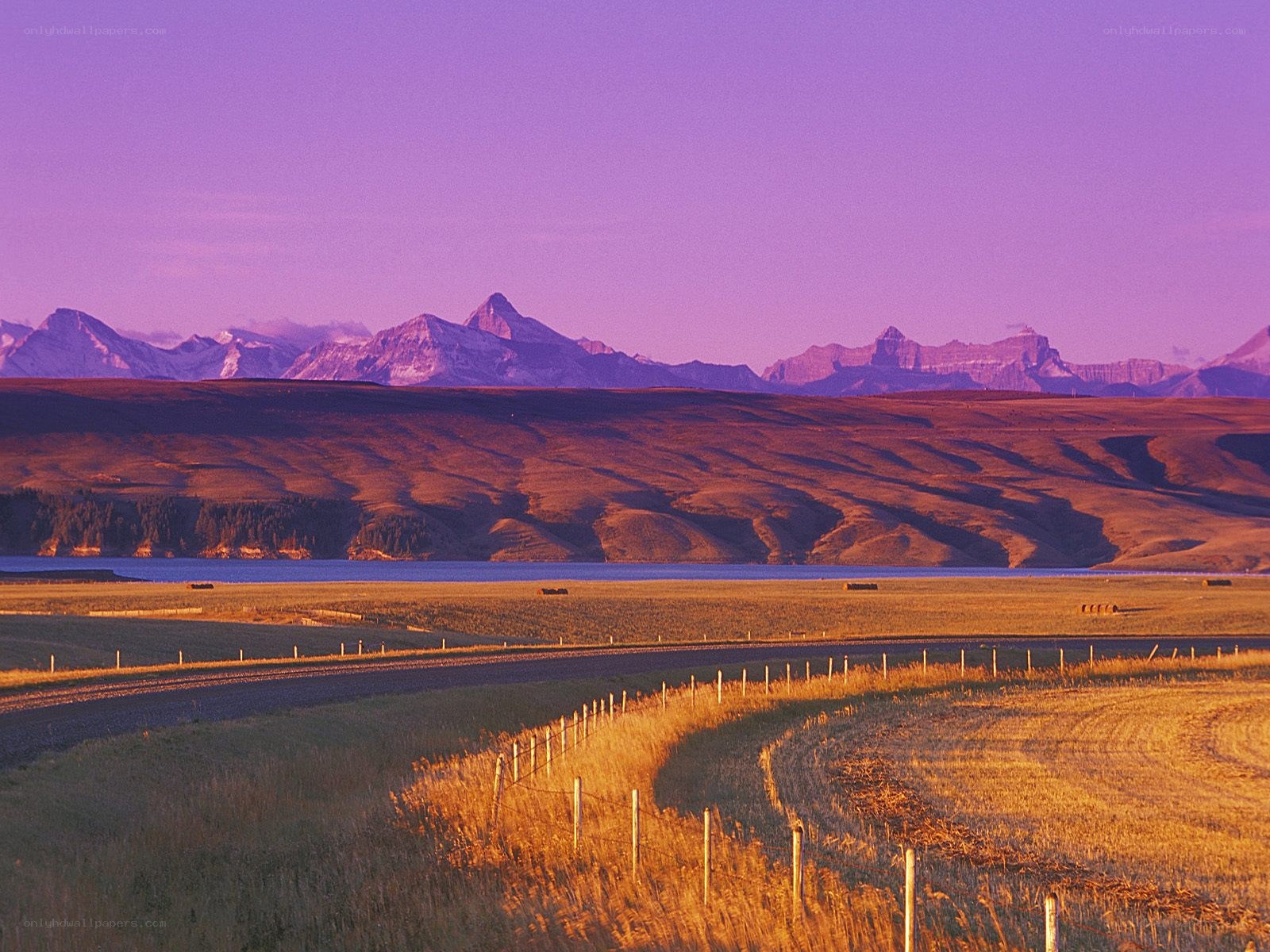 Purple sunset over mountains and fields
