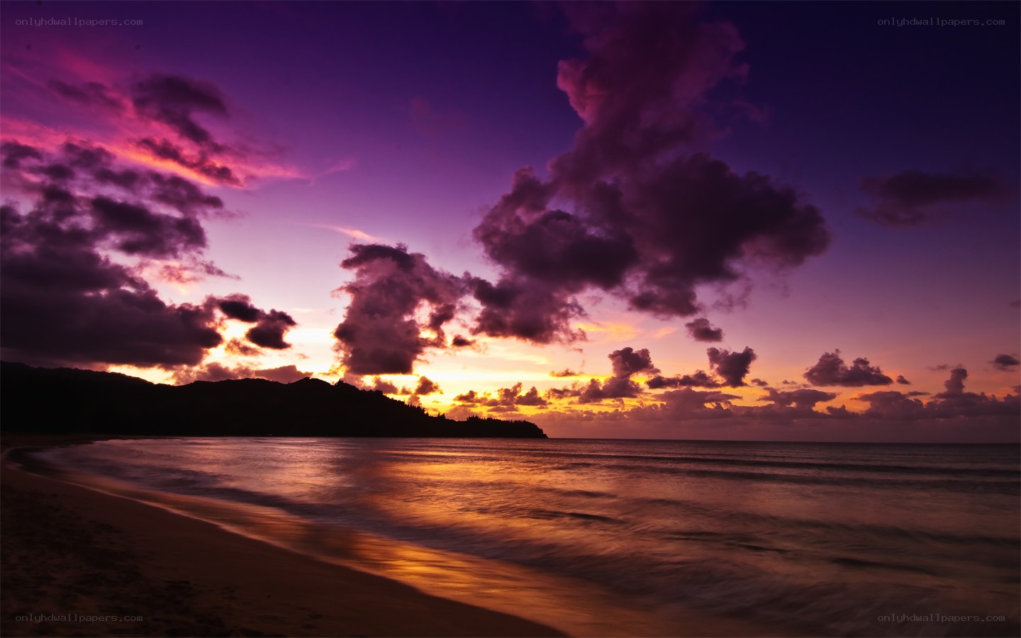 Purple sunset over ocean beach