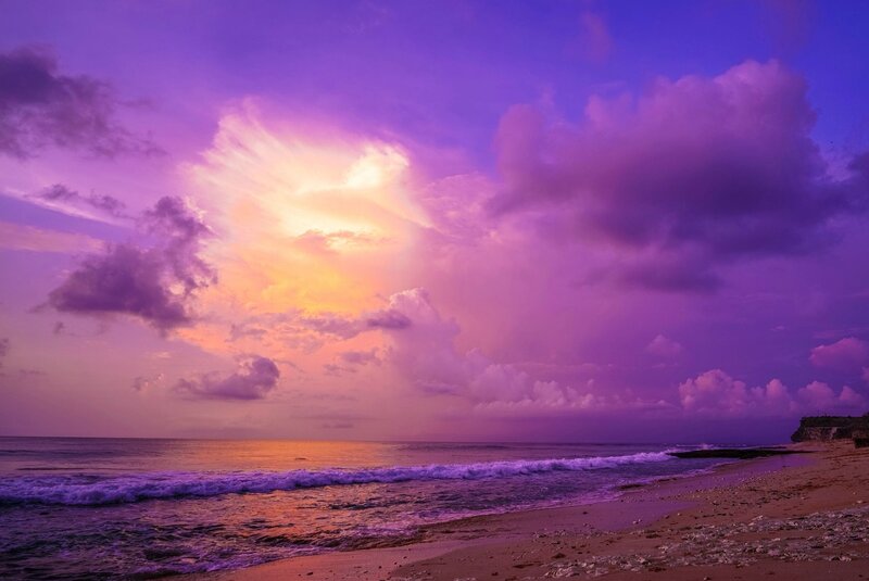 Purple Sunset over Ocean — Dramatic, Photograph, Beach, Clouds