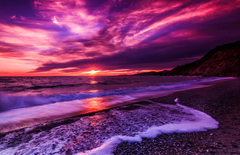 Purple Sunset over Ocean — Dramatic, Photograph, Beach