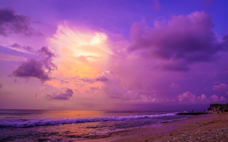 Purple Sunset over Ocean — Dramatic, Photograph, Beach, Waves