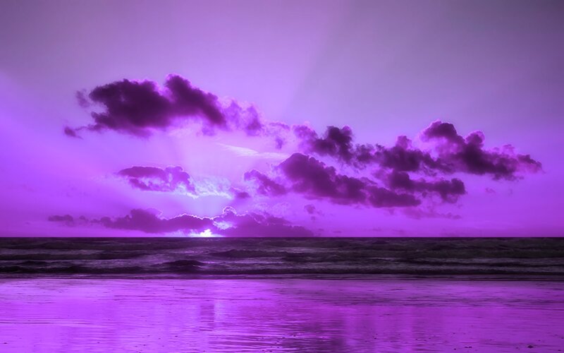 Purple Sunset over Ocean — Dramatic, Photograph, Clouds, Beach