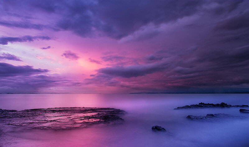 Purple Sunset over Ocean — Dramatic, Photograph, Clouds, Rocks