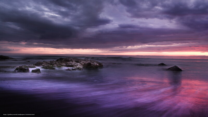 Purple Sunset over Ocean — Dramatic, Photograph, Rocks, Clouds