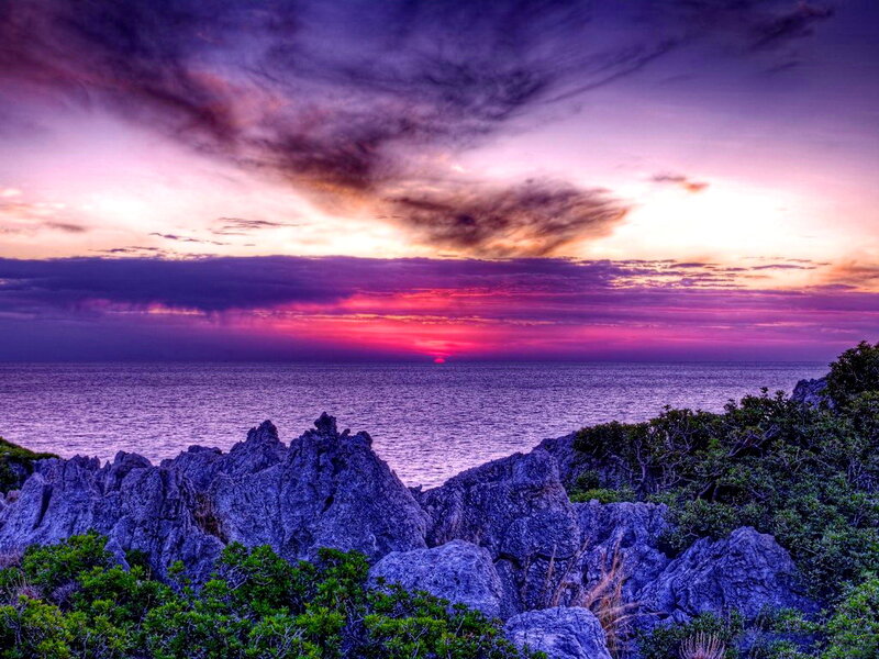 Purple Sunset over Ocean — Dramatic, Photograph, Rocks