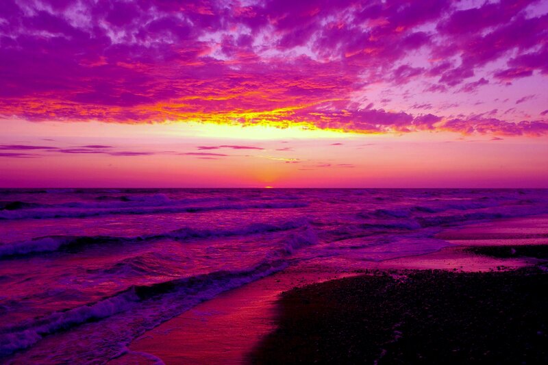 Purple Sunset over Ocean — Dramatic, Photograph, Sky, Beach