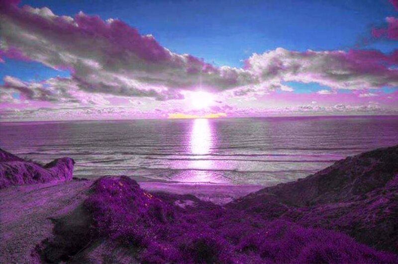 Purple Sunset over Ocean — Dramatic, Photograph, Sky, Rocks
