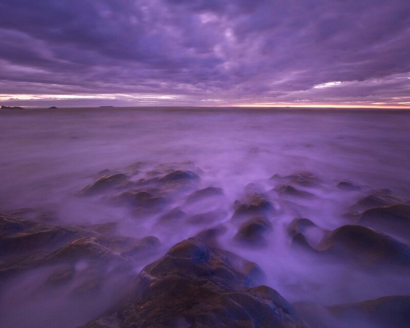 Purple Sunset over Ocean — Serene, Photograph, Rocks, Clouds, Sea