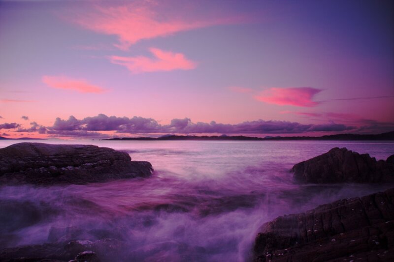 Purple Sunset over Ocean — Serene, Photograph, Rocks