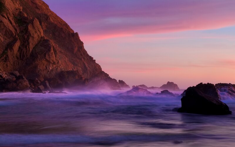 Purple Sunset over Ocean — Serene, Photograph, Rocks, Waves