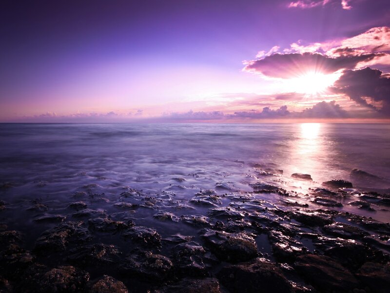 Purple Sunset over Ocean — Serene, Photograph, Sun, Clouds, Rocks, Pink