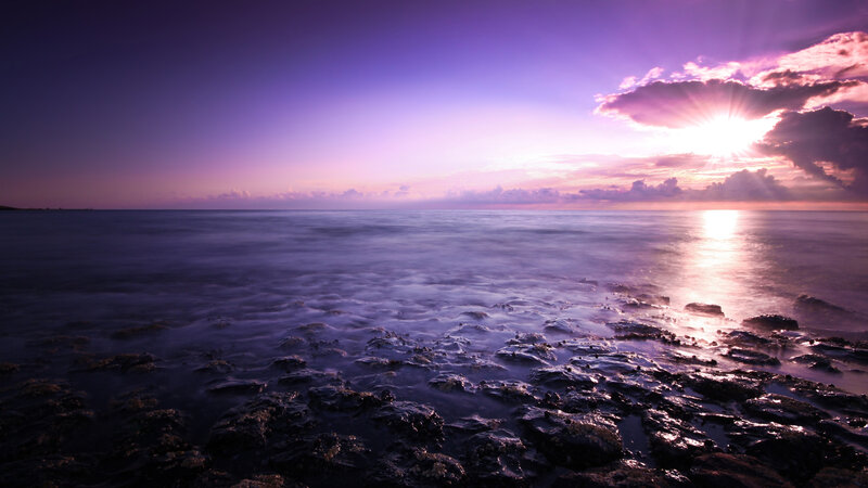 Purple Sunset over Ocean — Serene, Photograph, Sun, Clouds