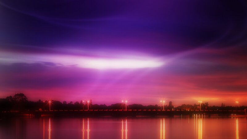 Purple Sunset over River — Dramatic