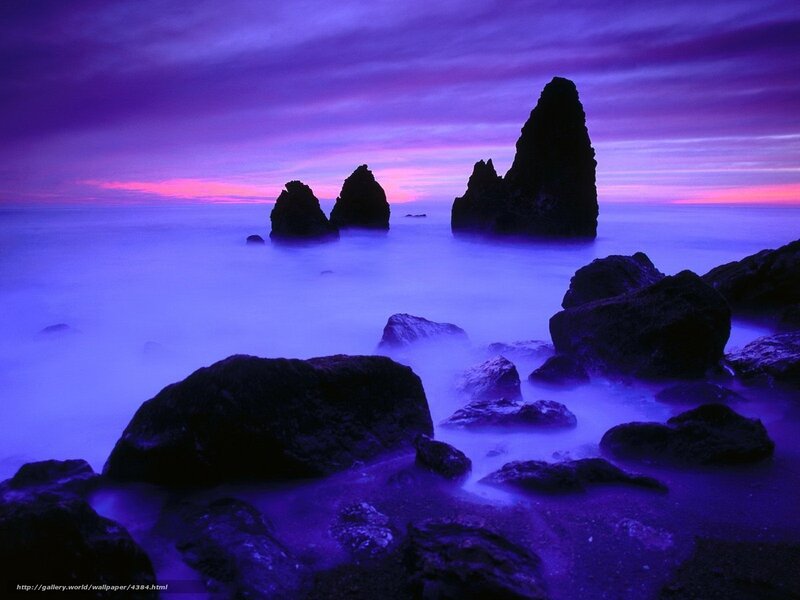 Purple sunset over rocky coast