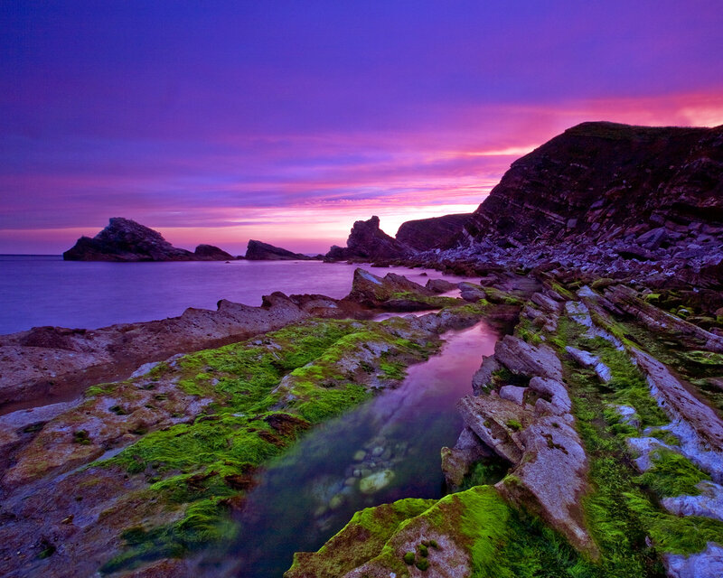 Purple sunset over rocky coast