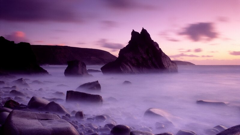 Purple sunset over rocky coast
