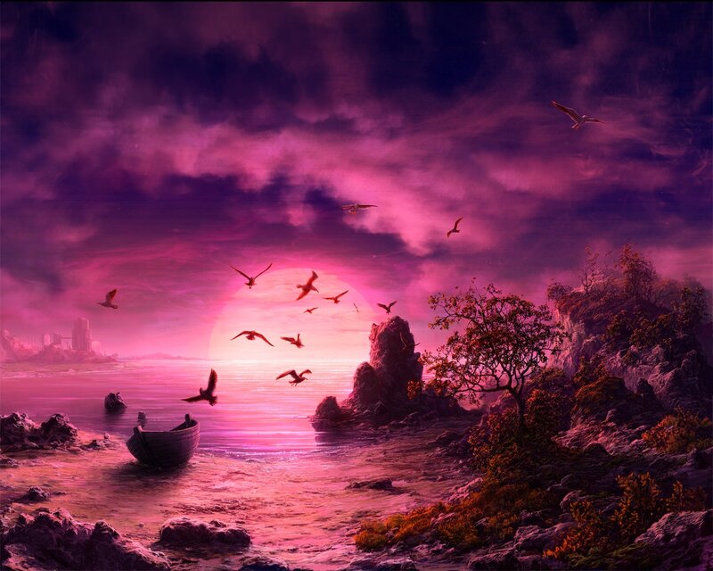 Purple sunset over rocky coast