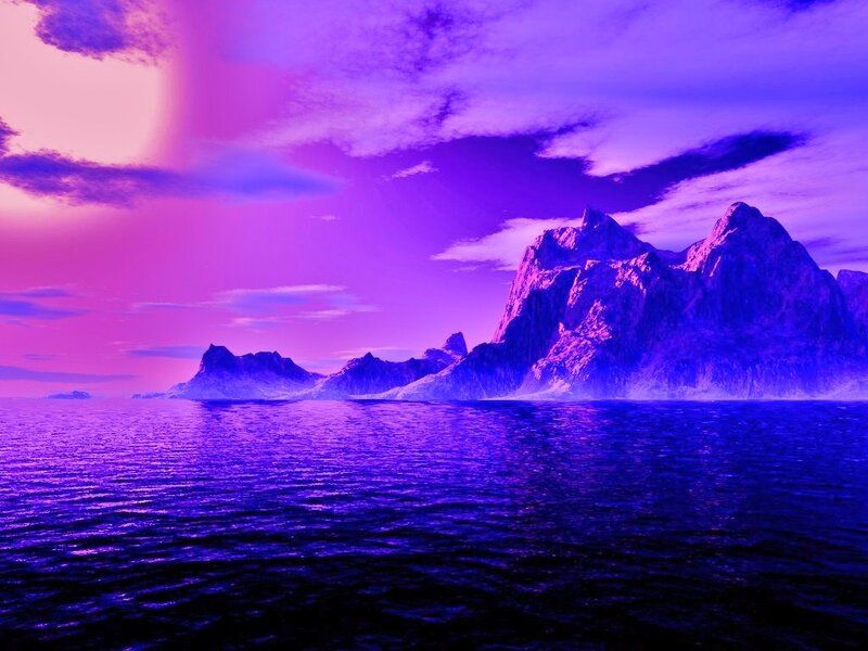 Purple sunset over rocky islands