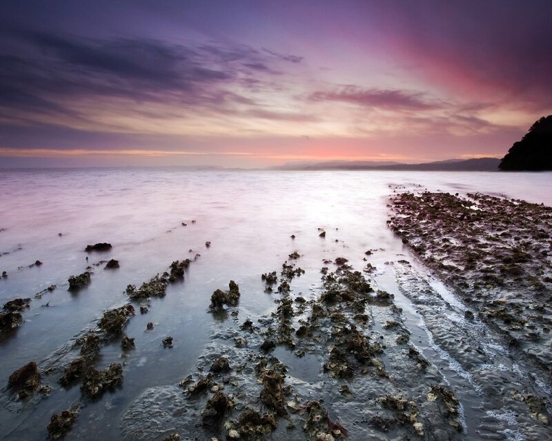 Purple sunset over rocky shore