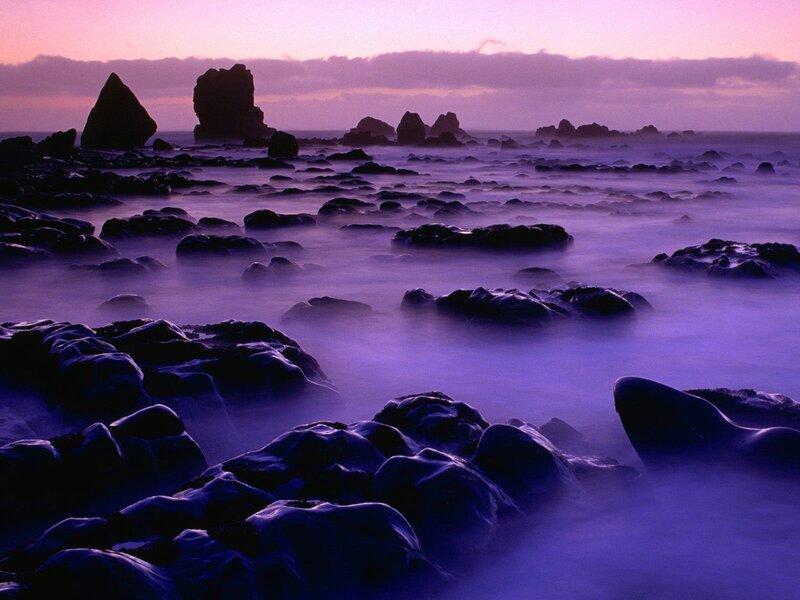 Purple sunset over rocky shore