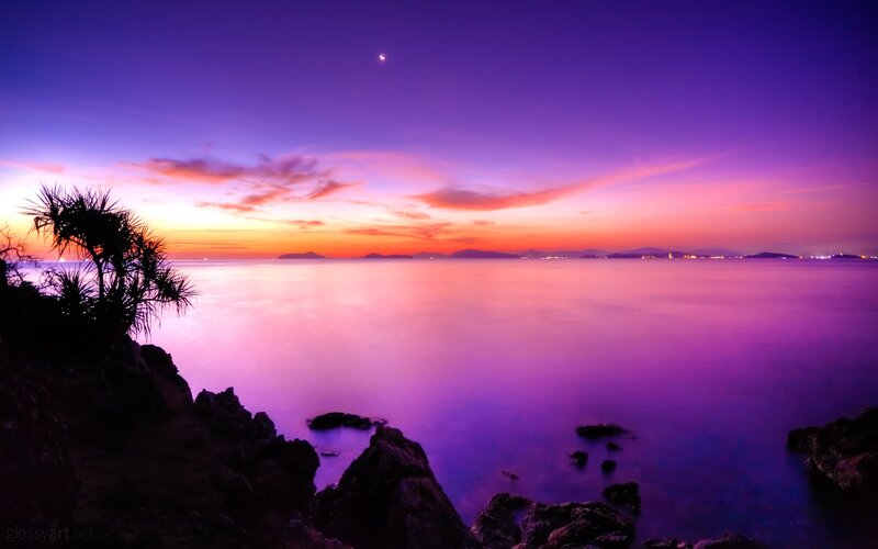 Purple Sunset over Sea — Serene, Photograph, Clouds, Moon