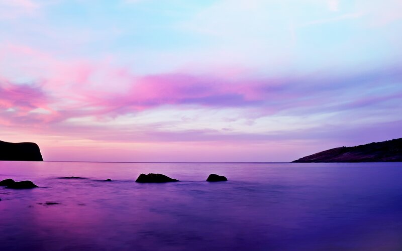 Purple Sunset over Sea — Serene, Photograph, Rocks