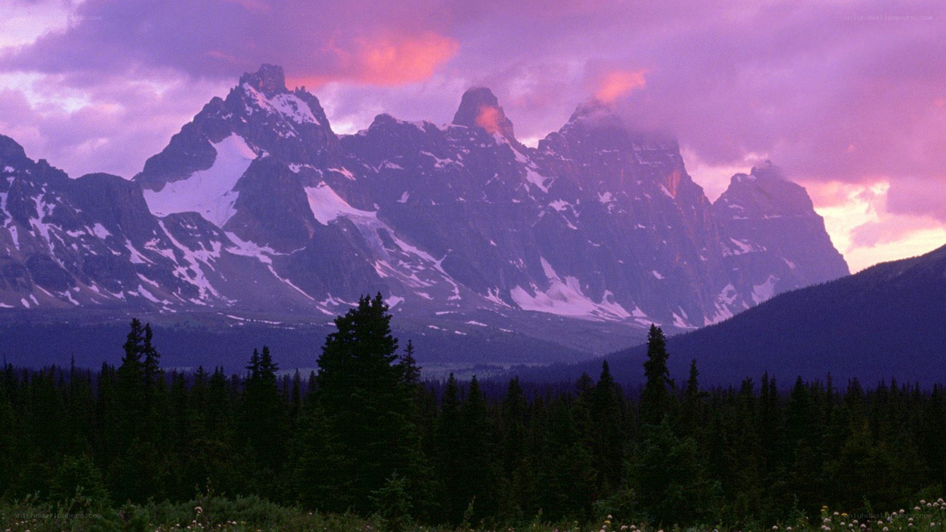Purple sunset over snow-capped mountains