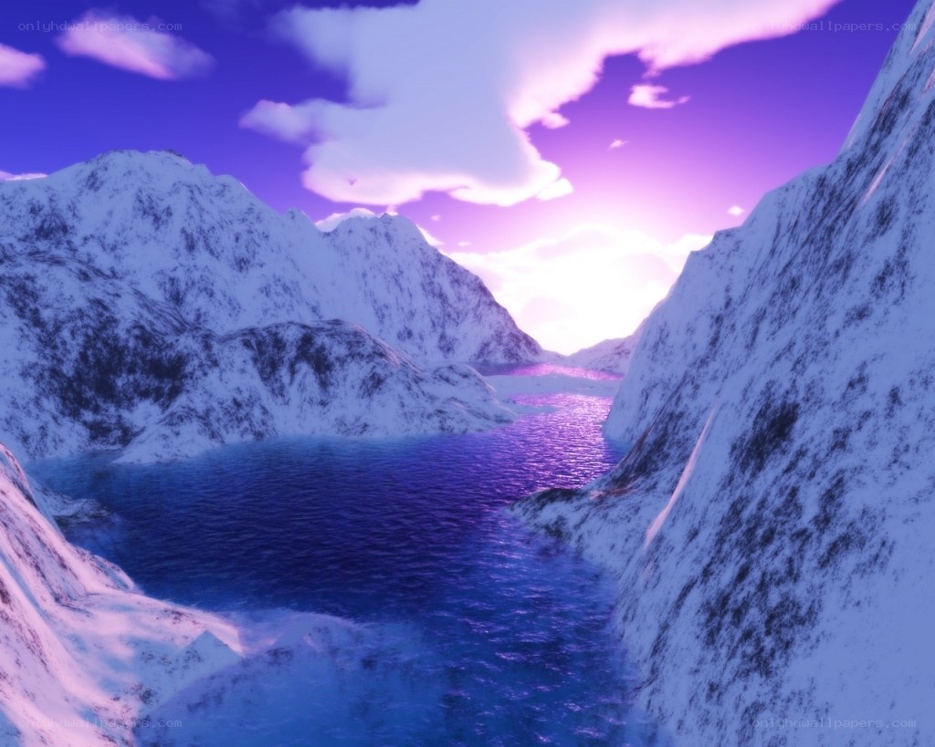 purple sunset over snowy mountains