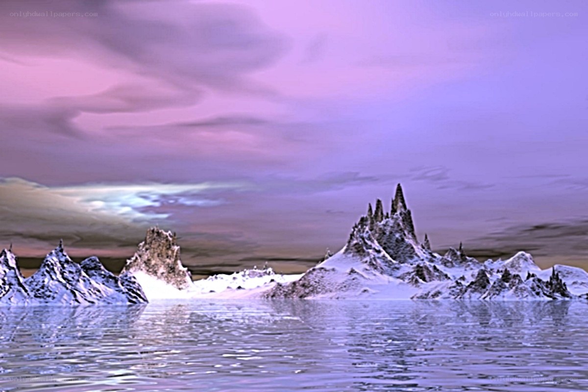 Purple sunset over snowy mountains