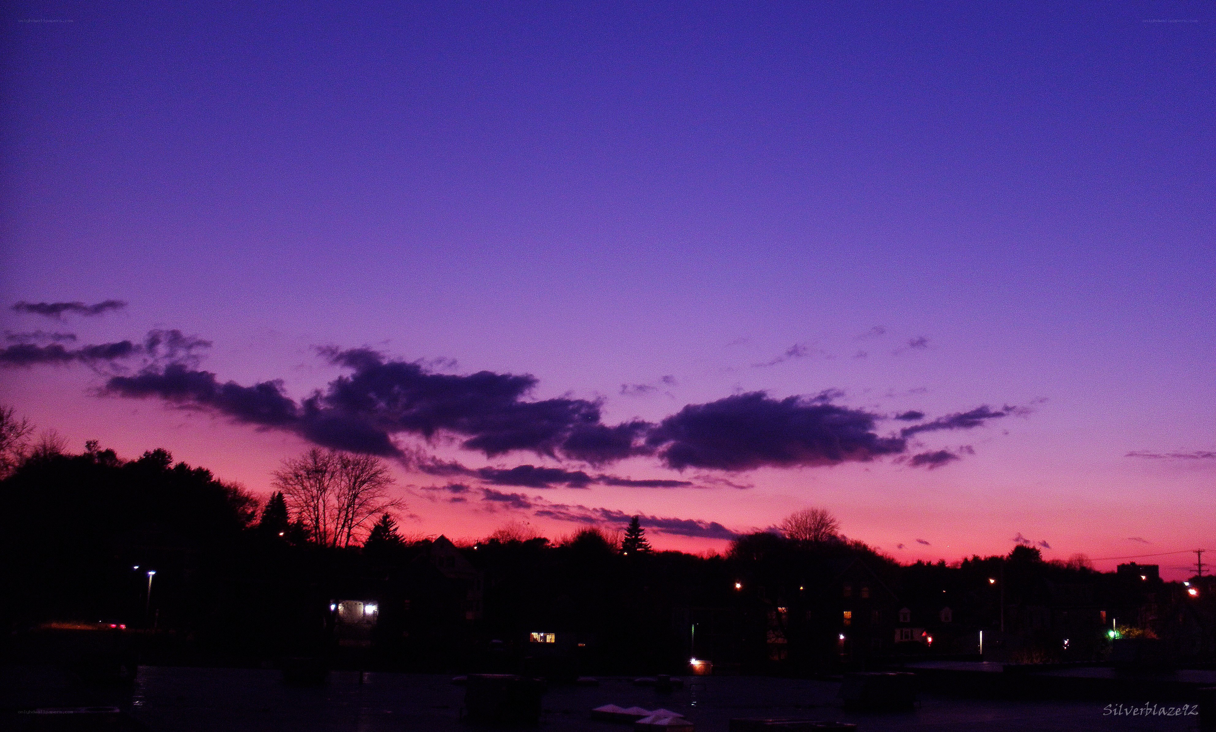 purple sunset over town