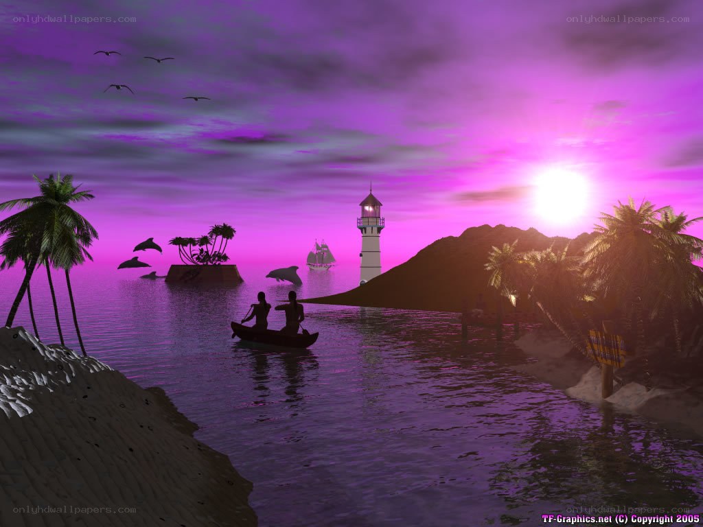 Purple sunset over tropical island