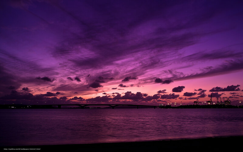 Purple Sunset over Water — Dramatic, Photograph, Bridge, Clouds
