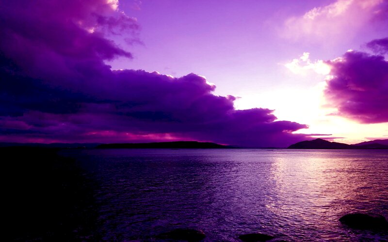 Purple Sunset over Water — Dramatic, Photograph, Clouds, Island