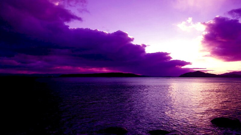 Purple Sunset over Water — Dramatic, Photograph, Clouds, Mountains