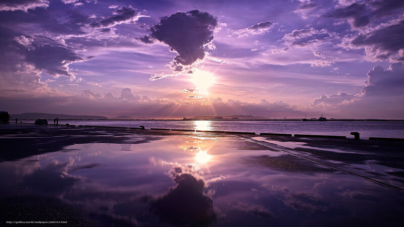 Purple Sunset over Water — Dramatic, Photograph, Clouds, Sea
