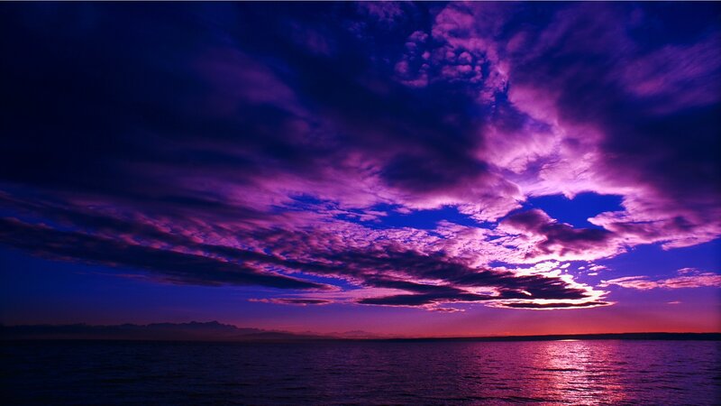 Purple Sunset over Water — Dramatic, Photograph, Clouds, Sky