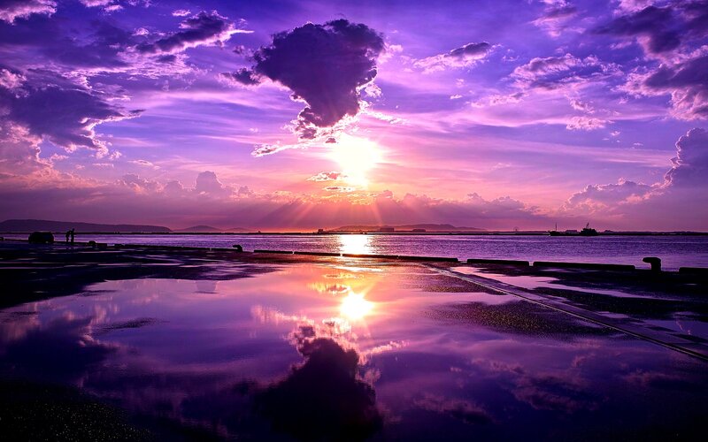 Purple Sunset over Water — Dramatic, Photograph, Clouds