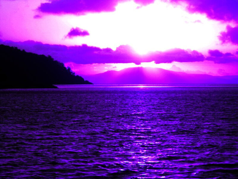 Purple Sunset over Water — Dramatic, Photograph, Mountain