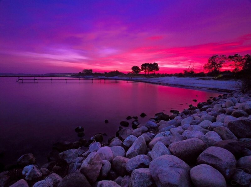 Purple Sunset over Water — Dramatic, Photograph, Rocks