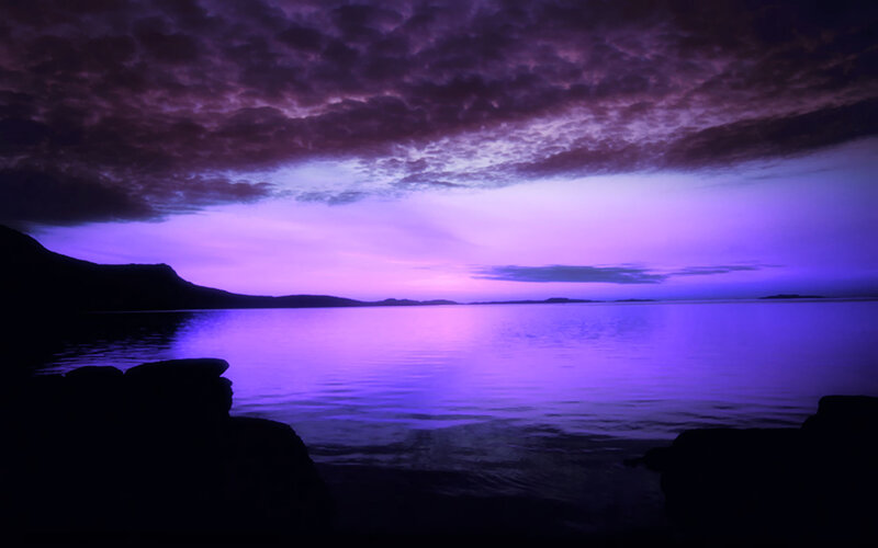 Purple Sunset over Water — Dramatic, Photograph, Sky, Rocks