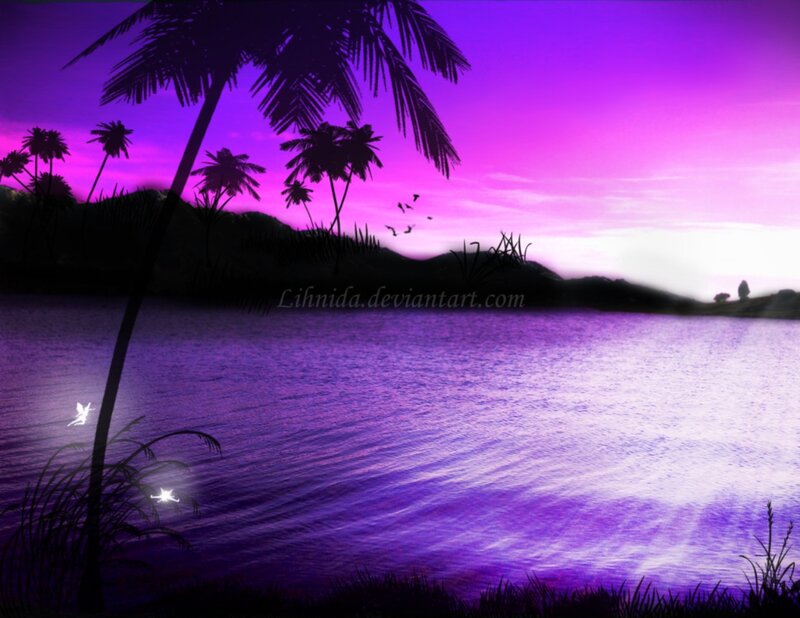 Purple Sunset over Water — Serene, Digital Art