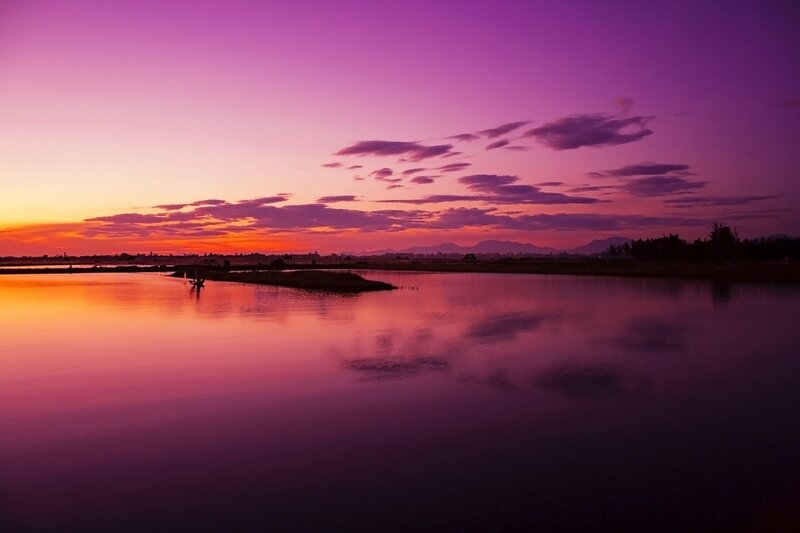 Purple Sunset over Water — Serene, Photograph, Sky, Clouds