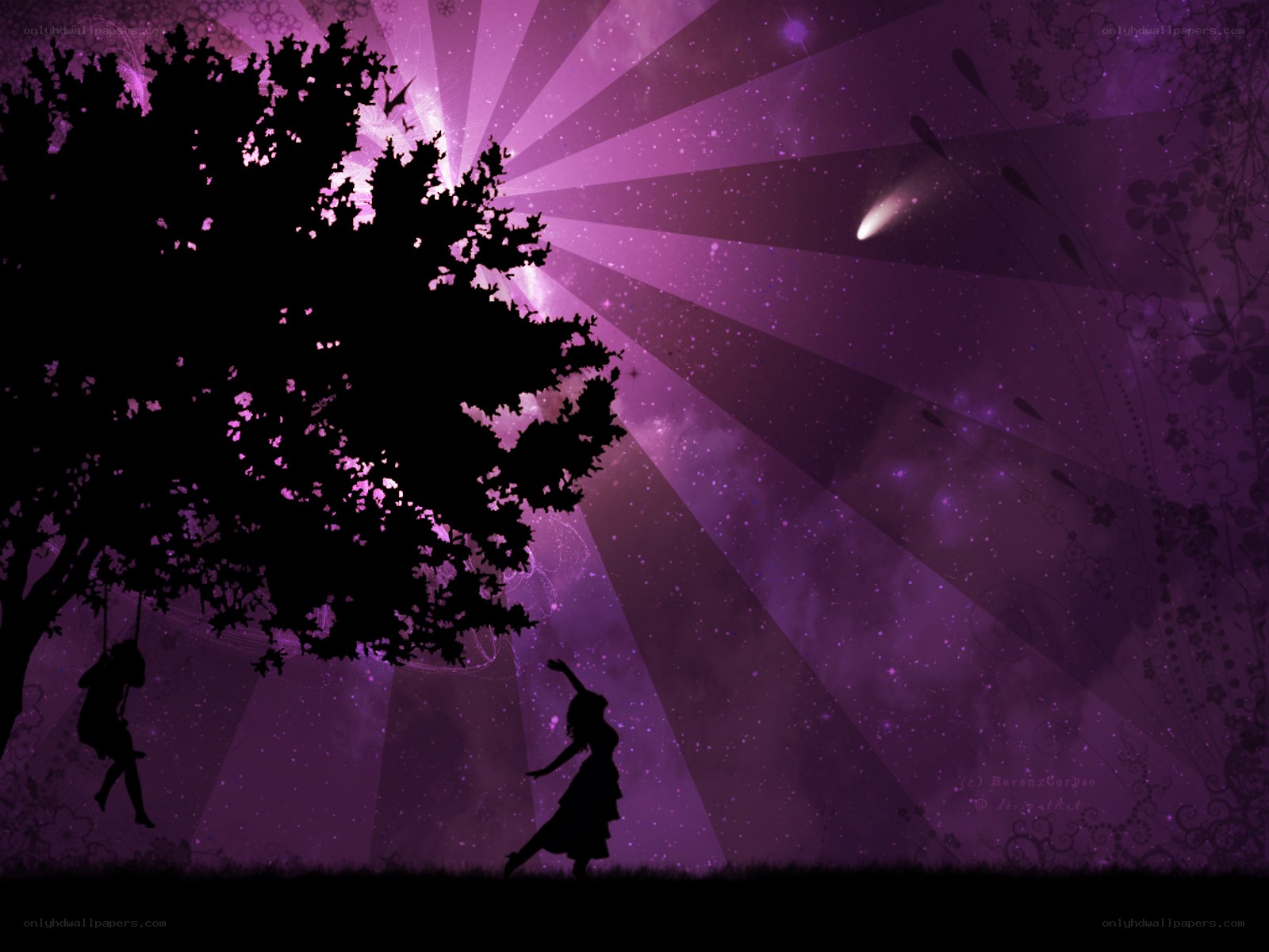 Purple sunset silhouette scene