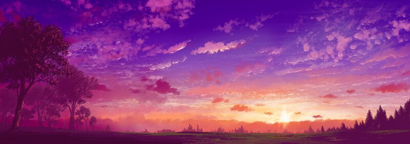 Purple Sunset Sky — Serene, Digital Art, Trees