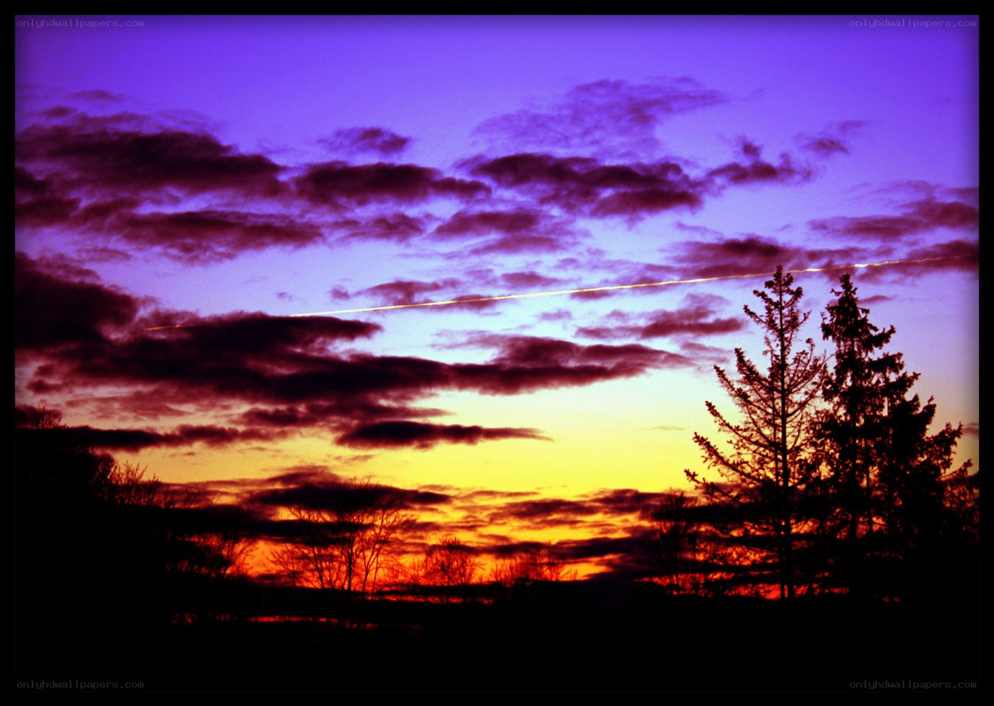 Purple sunset with airplane trail