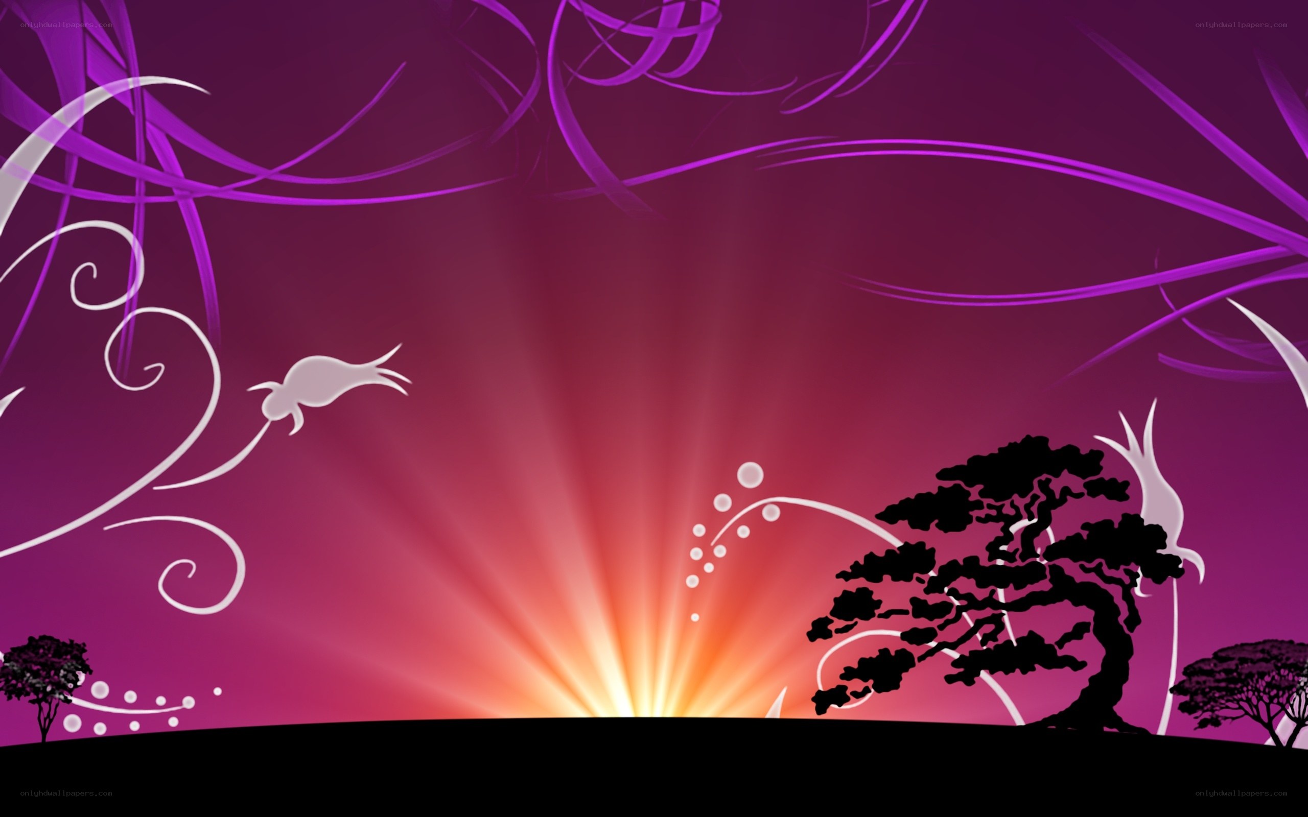 Purple sunset with bonsai trees